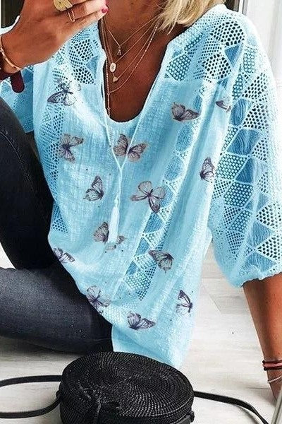 Ladies Blouse – Relaxed Fit – 3/4 Sleeves – V-Neck – Lace – Butterfly Print - Image 3