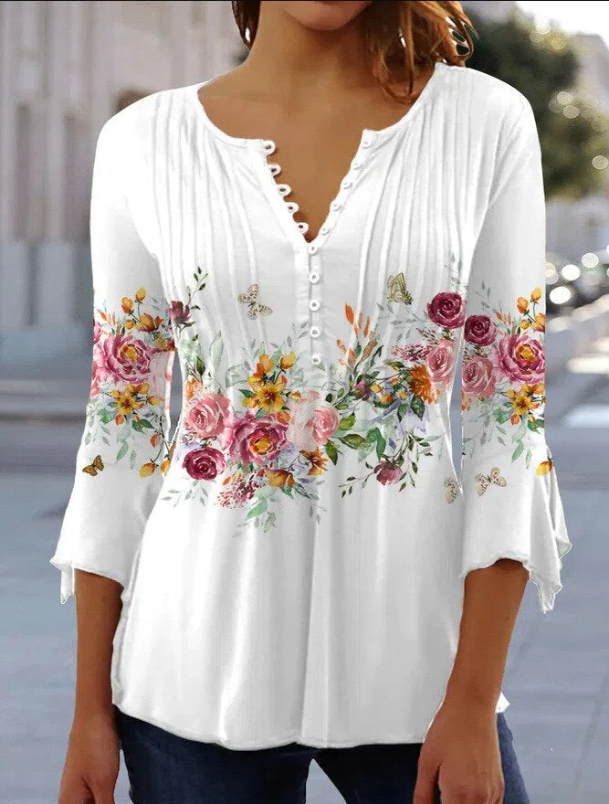 Women's Blouse β Relaxed Fit β Floral Print β V-Neck β 3/4 Sleeve β Breathable Fabric