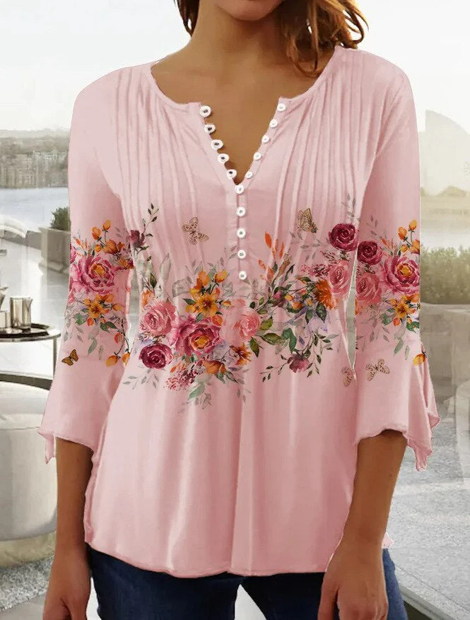 Women's Blouse β Relaxed Fit β Floral Print β V-Neck β 3/4 Sleeve β Breathable Fabric - Image 2