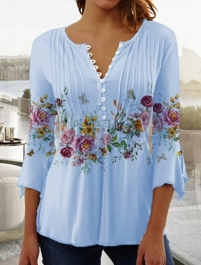 Women's Blouse β Relaxed Fit β Floral Print β V-Neck β 3/4 Sleeve β Breathable Fabric - Image 4