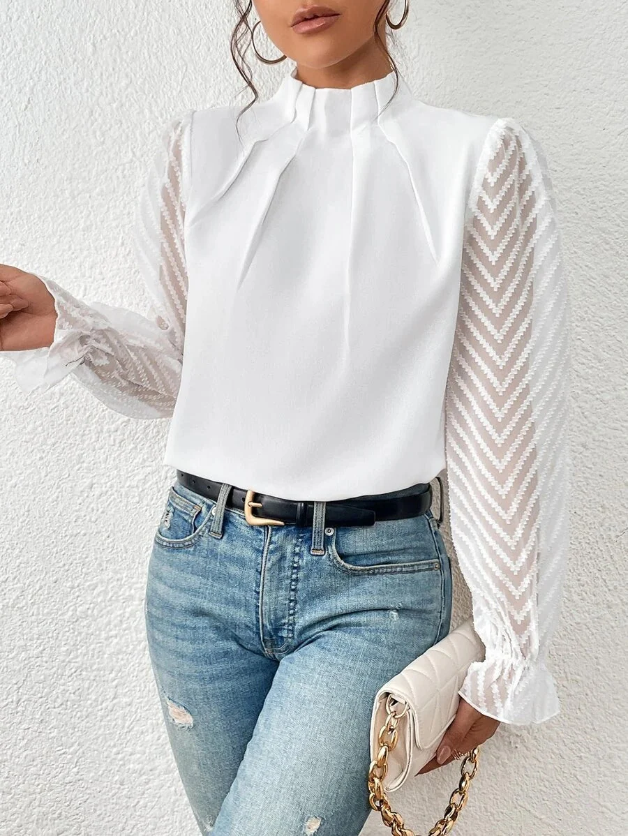 Ladies Blouse – Relaxed Fit – High Neck – Transparent Sleeves – Elegant Fit - Image 3