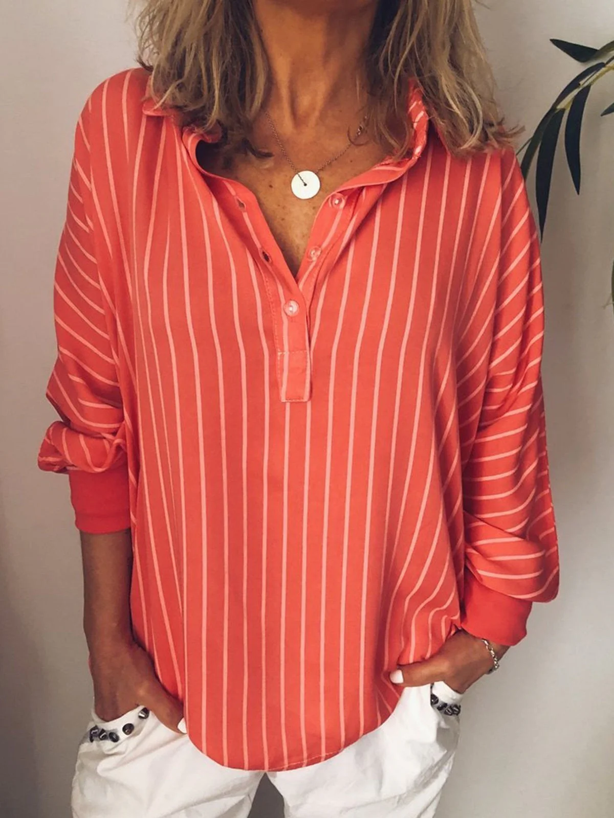 Women's Blouse β Relaxed Fit β Vertical Stripes β Breathable Material β Long Sleeves
