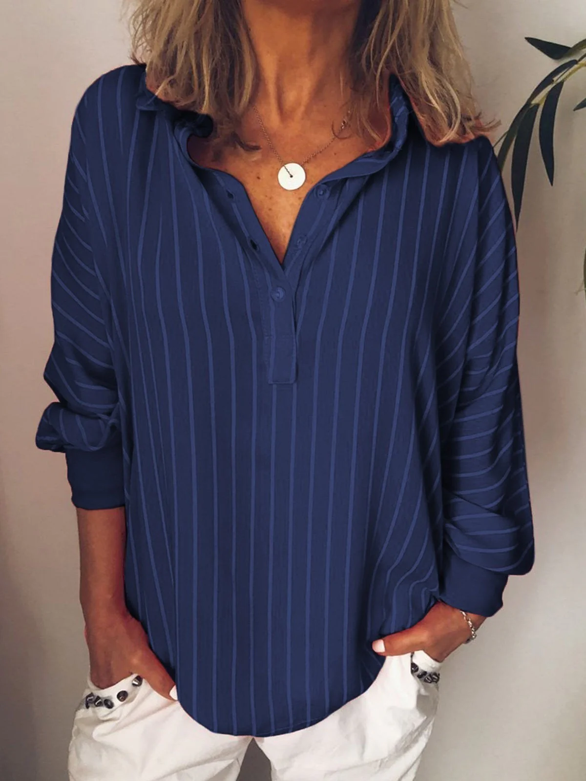 Women's Blouse β Relaxed Fit β Vertical Stripes β Breathable Material β Long Sleeves - Image 2