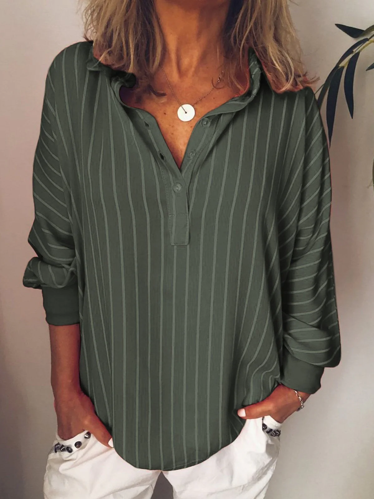 Women's Blouse β Relaxed Fit β Vertical Stripes β Breathable Material β Long Sleeves - Image 3