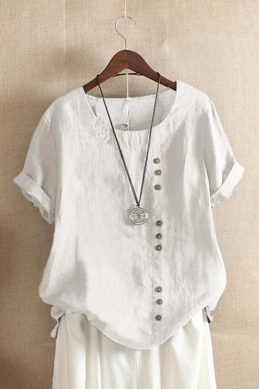 Women's Blouse – Relaxed Fit – Breathable Material – Round Neck – Short Sleeve – Buttons - Image 2