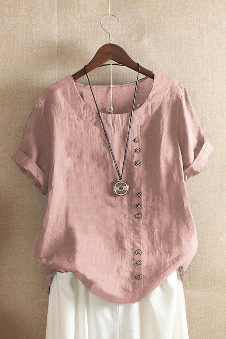 Women's Blouse – Relaxed Fit – Breathable Material – Round Neck – Short Sleeve – Buttons - Image 3