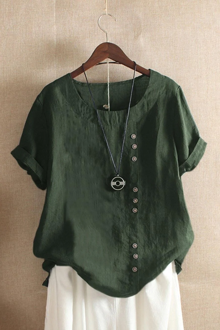 Women's Blouse – Relaxed Fit – Breathable Material – Round Neck – Short Sleeve – Buttons - Image 4