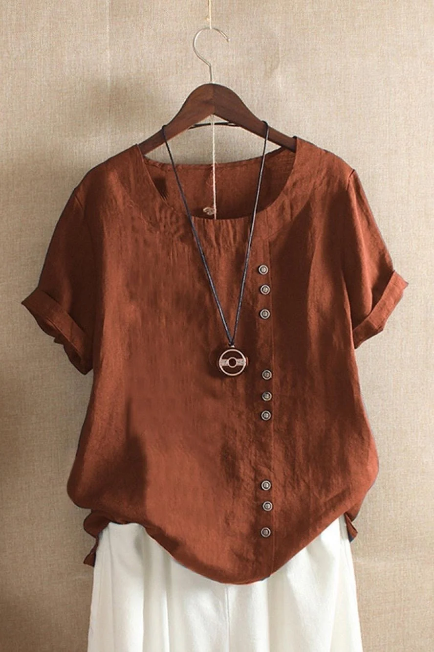 Women's Blouse – Relaxed Fit – Breathable Material – Round Neck – Short Sleeve – Buttons - Image 5