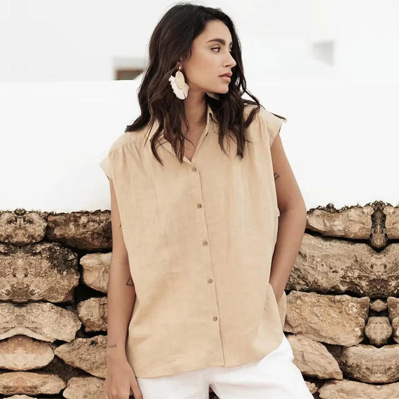Ladies Blouse Sleeveless – Linen Cotton – Relaxed Fit – Button Closure Casual - Image 2
