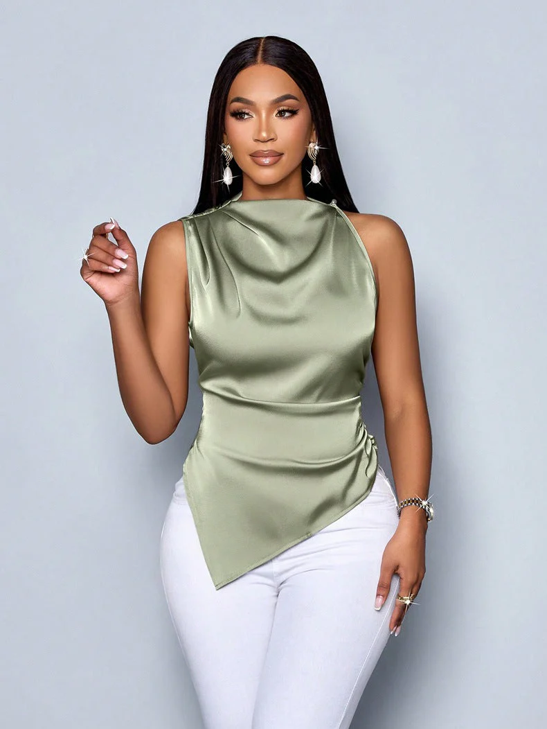Women's Blouse Without Sleeves – Slim Fit – Asymmetrical Hem – Luxurious Shiny Fabric – High Neck - Image 4