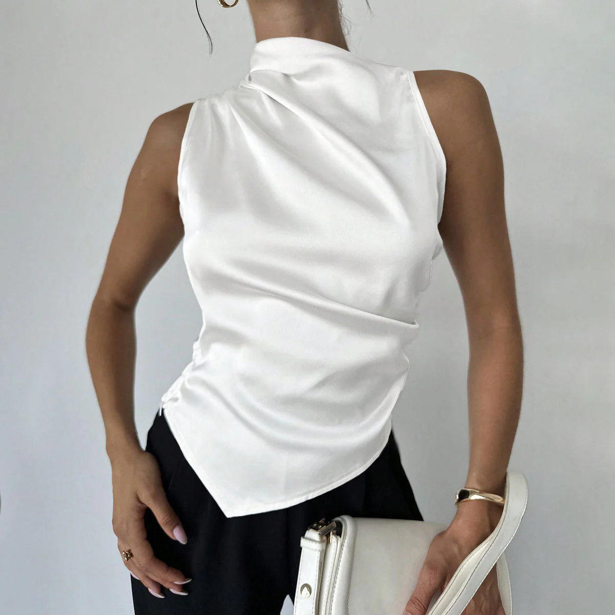 Women's Blouse Sleeveless – Slim Fit – Luxury Glossy Fabric – High Neck – Draped Front - Image 2