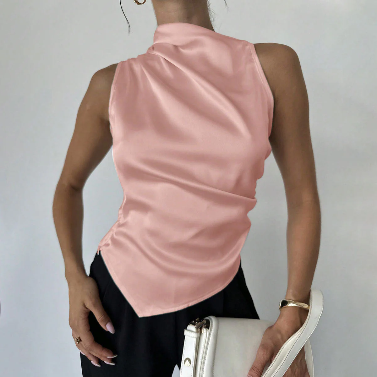 Women's Blouse Sleeveless – Slim Fit – Luxury Glossy Fabric – High Neck – Draped Front - Image 3