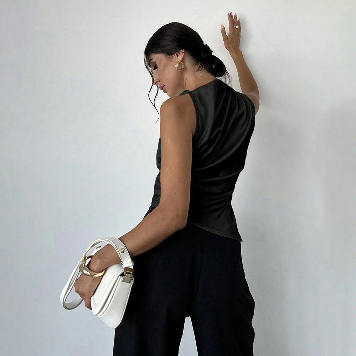 Women's Blouse Sleeveless – Slim Fit – Luxury Glossy Fabric – High Neck – Draped Front - Image 4