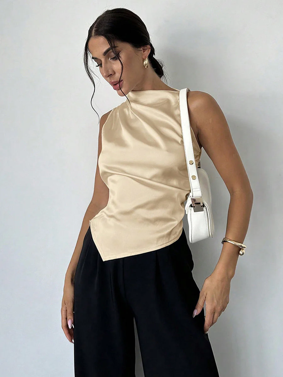Women's Blouse Sleeveless – Slim Fit – Luxury Glossy Fabric – High Neck – Draped Front - Image 6