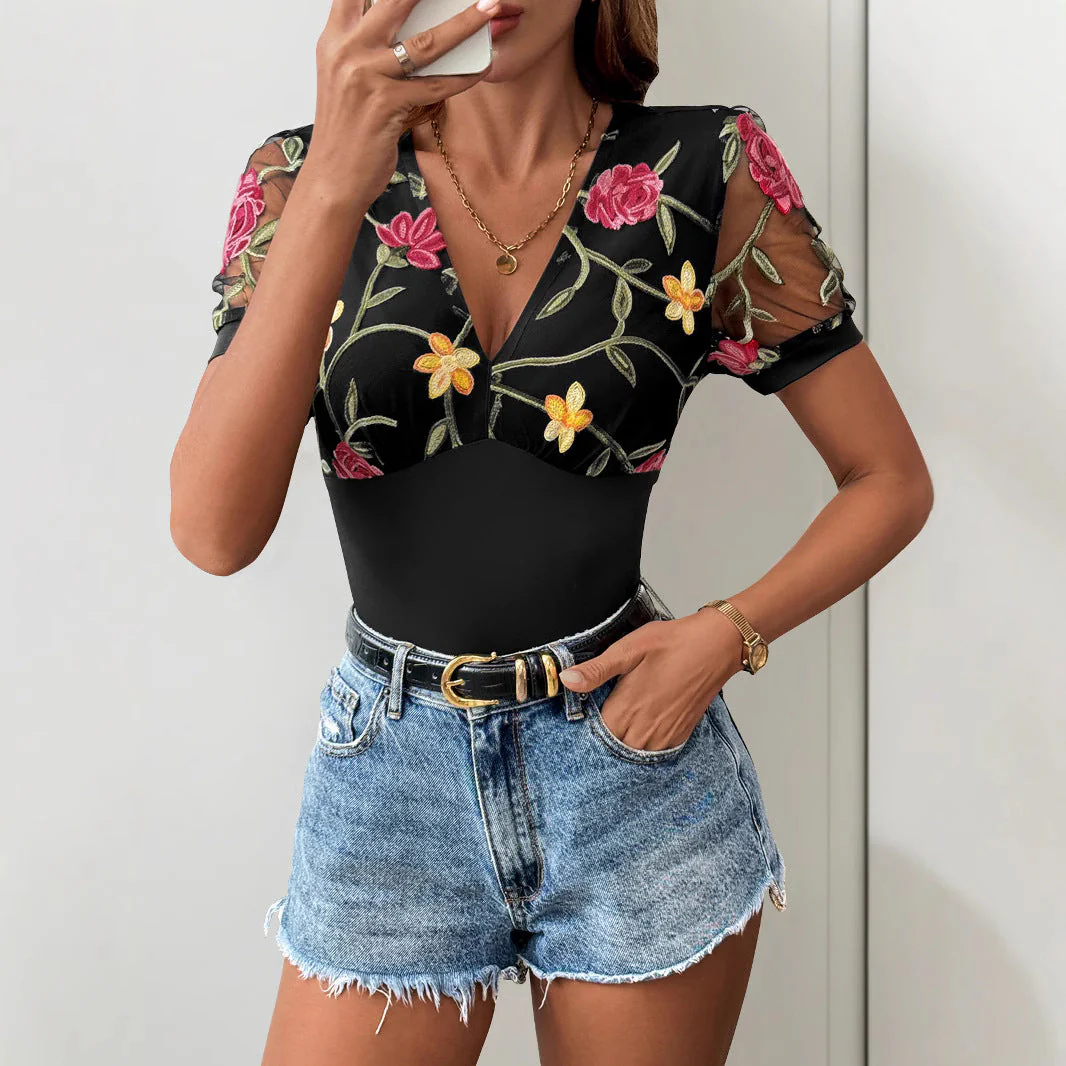 Ladies Bodysuit – Slim Fit – V-Neck – Mesh Sleeves – Embroidered Floral Print - Image 2