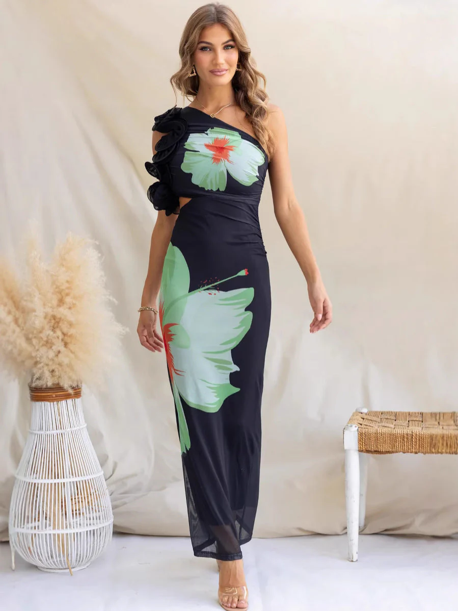 Women's Bodycon Dress – One-Shoulder – Ruching – Floral Print – Ankle-Length - Image 2