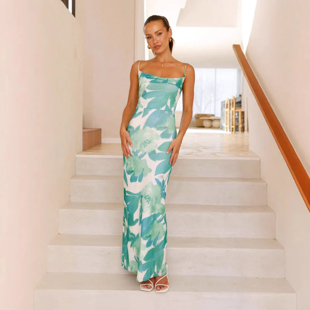 Women's Bodycon Dress – Slim Fit – Spaghetti Straps – Floral Print – Long Dress - Image 2