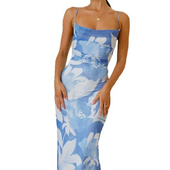 Women's Bodycon Dress – Slim Fit – Spaghetti Straps – Floral Print – Long Dress - Image 5