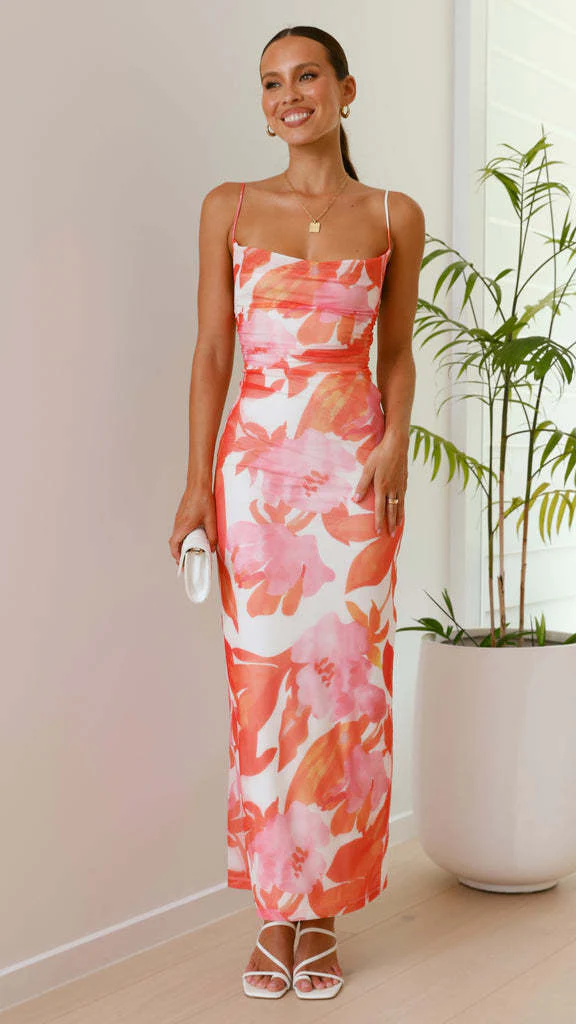 Women's Bodycon Dress – Slim Fit – Spaghetti Straps – Floral Print – Long Dress - Image 7