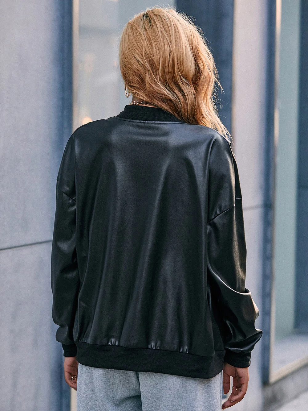 Women's Bomber Jacket – Oversized Fit – Shiny Finish – Ribbed Trims – Zipper Closure - Image 4