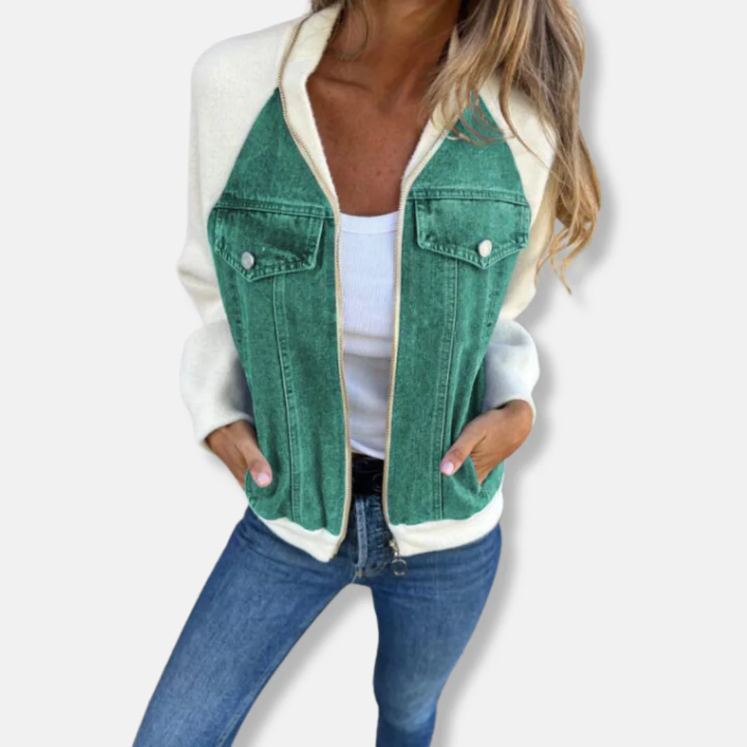 Women's Bomber Jacket – Wool Blend – Denim Panels – Zip Fastening – Relaxed Fit - Image 3