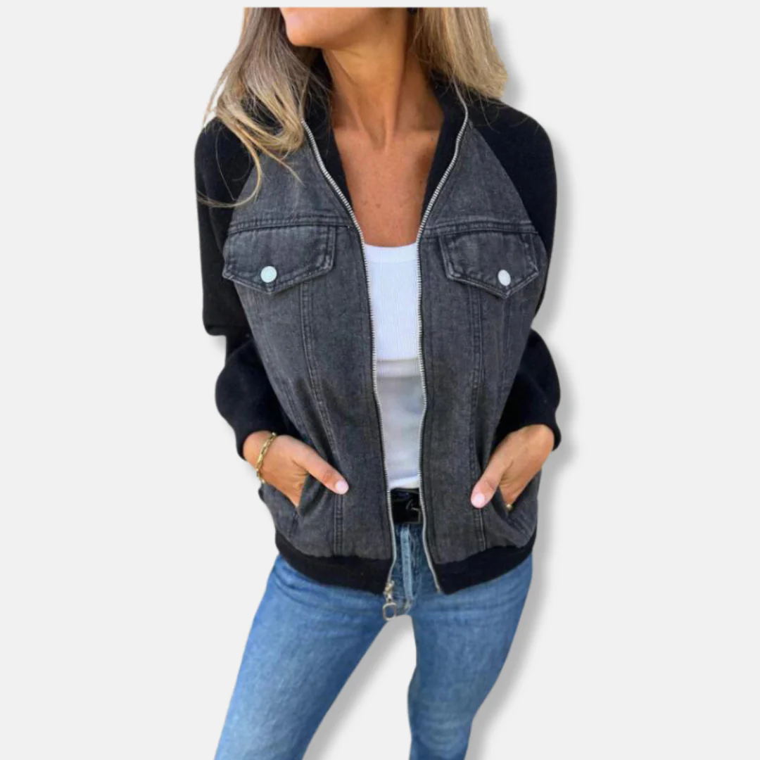 Women's Bomber Jacket – Wool Blend – Denim Panels – Zip Fastening – Relaxed Fit - Image 5