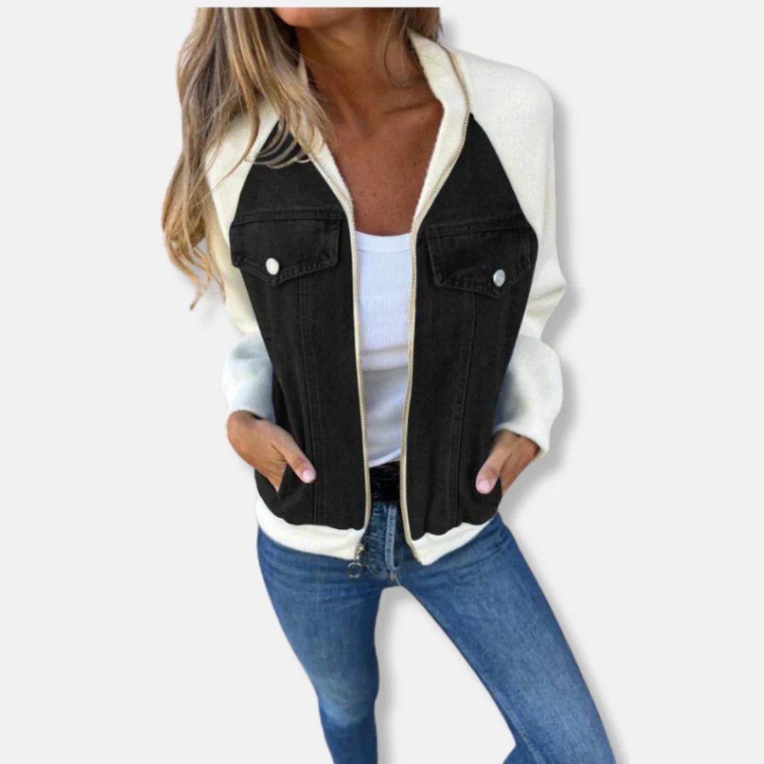 Women's Bomber Jacket – Wool Blend – Denim Panels – Zip Fastening – Relaxed Fit - Image 6