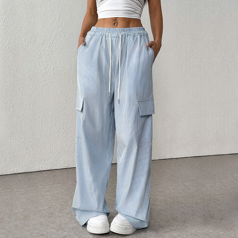 Women's Trousers – Loose Fit – Full Length – Breathable Fabric – Striped – With Pockets - Image 2