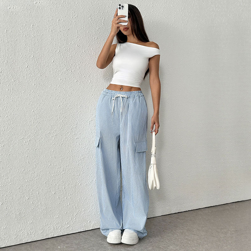 Women's Trousers – Loose Fit – Full Length – Breathable Fabric – Striped – With Pockets - Image 3