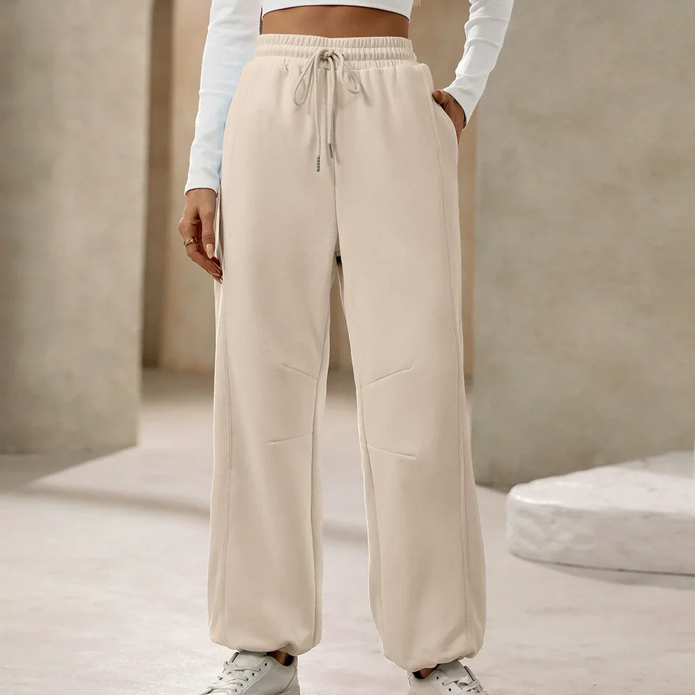 Women's Pants – Relaxed Fit – High Waist with Drawstring – Soft Cotton-Look – Full Length - Image 2