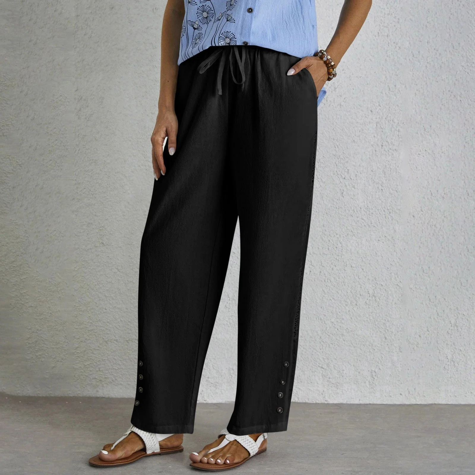 Ladies Pants – Relaxed Fit – Straight Legs – Breathable – Drawstring Waist – Full Length - Image 4