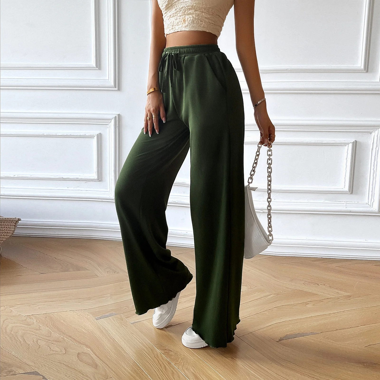 Women's Pants – Wide Legs – Breathable Comfort – Elastic Waist with Drawstring – Pockets - Image 2