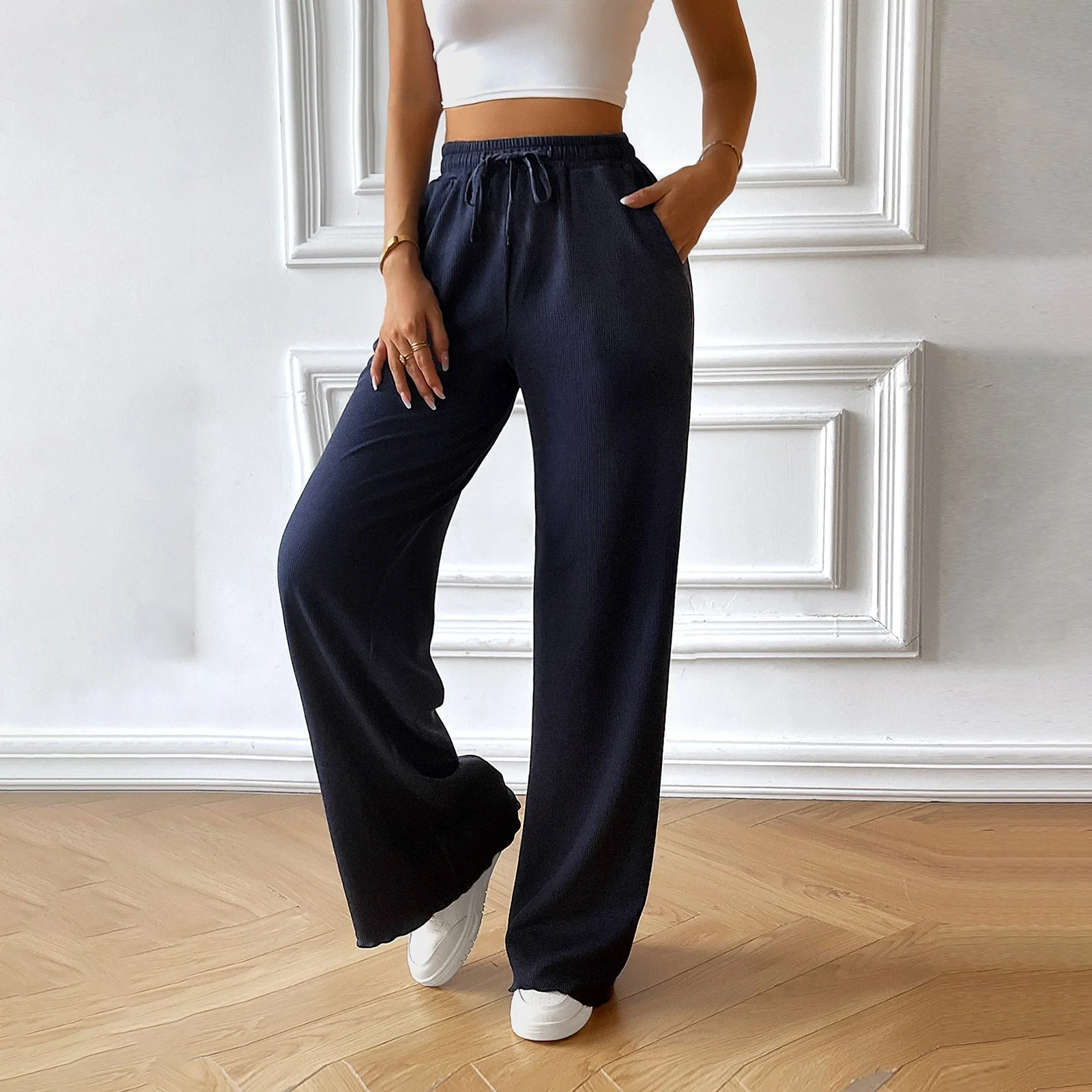 Women's Pants – Wide Legs – Breathable Comfort – Elastic Waist with Drawstring – Pockets - Image 3