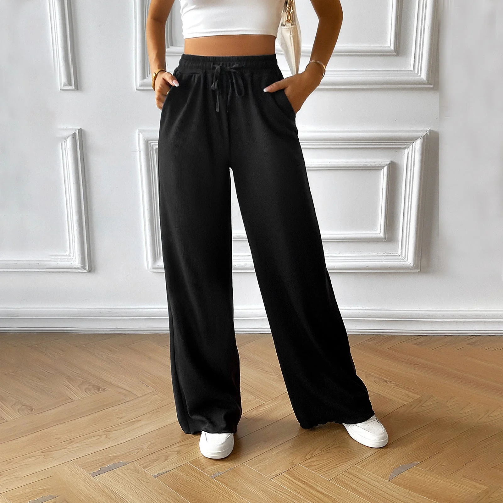 Women's Pants – Wide Legs – Breathable Comfort – Elastic Waist with Drawstring – Pockets - Image 4