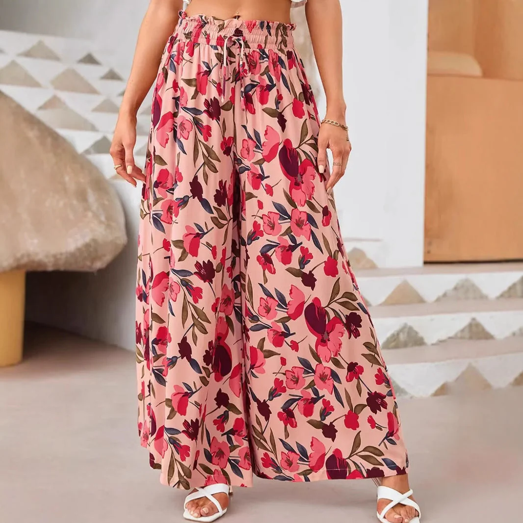 Ladies Pants – Wide Legs – Chiffon – High Waist – Floral Print – Drawstring Waistband – Full Length - Image 2