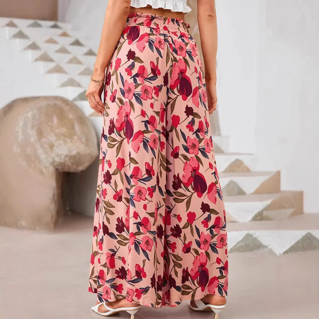 Ladies Pants – Wide Legs – Chiffon – High Waist – Floral Print – Drawstring Waistband – Full Length - Image 4
