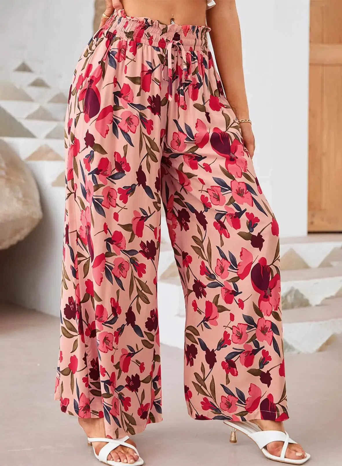 Ladies Pants – Wide Legs – Chiffon – High Waist – Floral Print – Drawstring Waistband – Full Length - Image 6