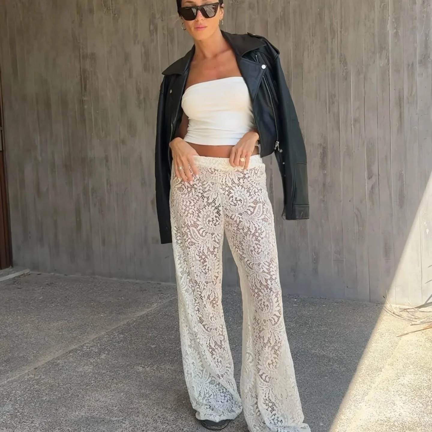 Women's Pants Wide Legs – Elegant Fit – Lace Texture – Semi Transparent – Full Length - Image 3