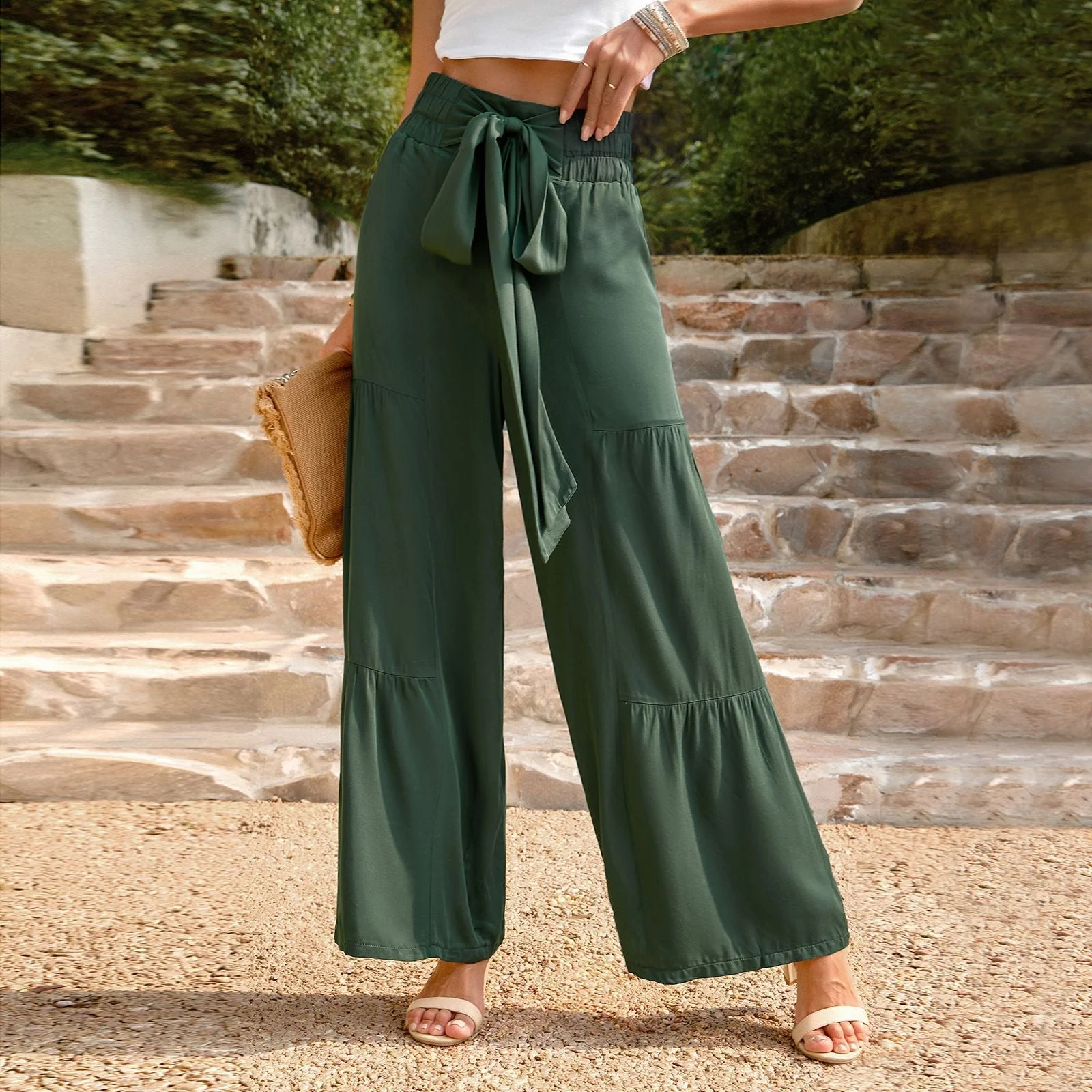 Women's Pants – Wide Legs – High Waist – Tie Closure – Natural Fabric - Image 3