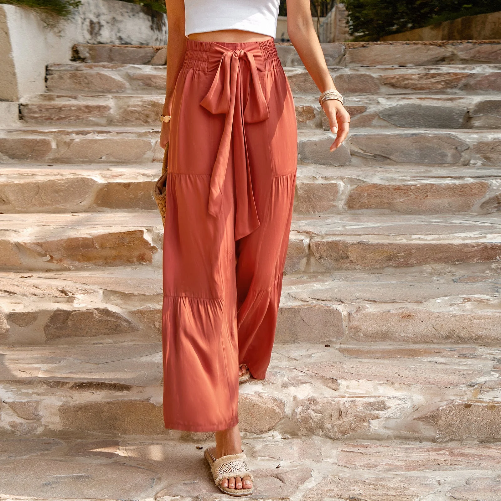 Women's Pants – Wide Legs – High Waist – Tie Closure – Natural Fabric - Image 4
