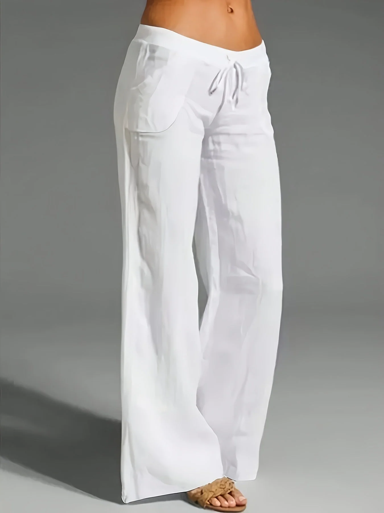Women's Pants – Wide Legs – Cotton – Elastic Waist with Drawstring – Casual Fit - Image 2