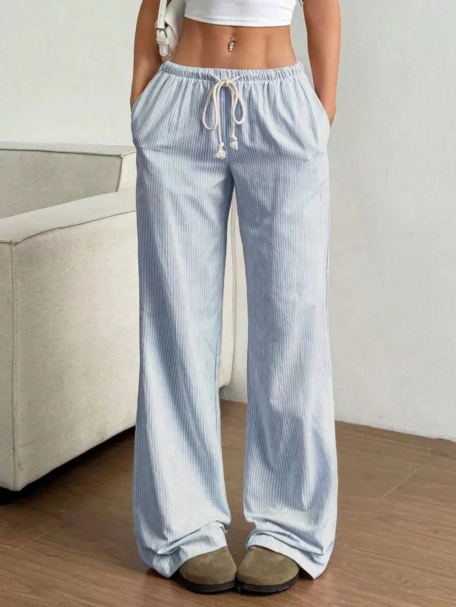 Women's Pants – Wide Legs – Relaxed Fit – Drawstring Closure – Breathable Fabric – Striped - Image 2