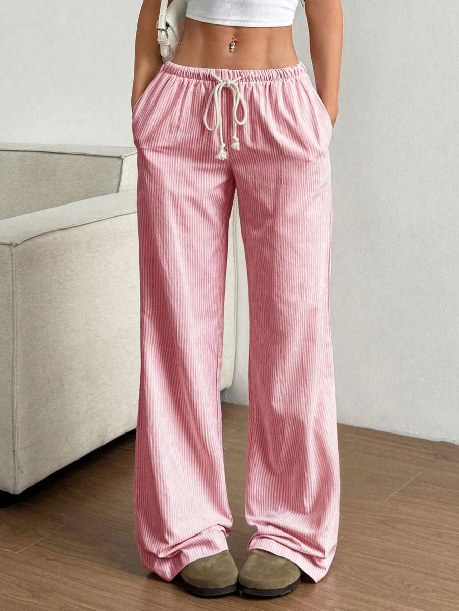 Women's Pants – Wide Legs – Relaxed Fit – Drawstring Closure – Breathable Fabric – Striped - Image 3