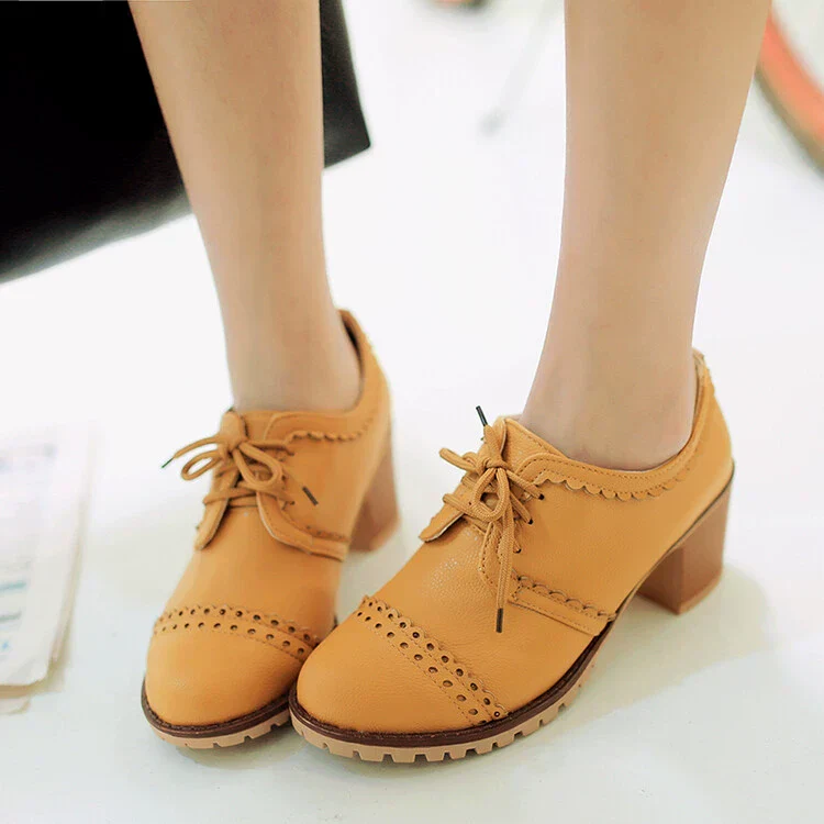 Women's Brogue Shoes – Leather Look – Lace-up Closure – Block Heel – Perforated Design - Image 2