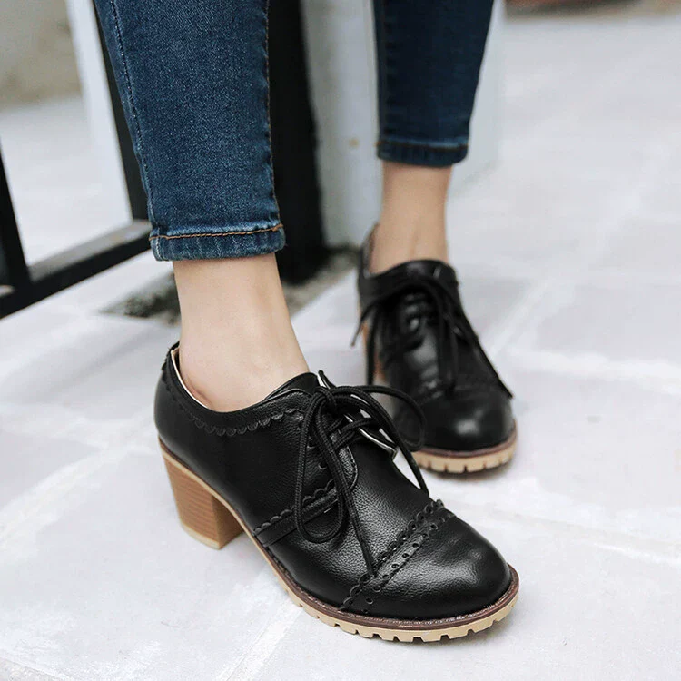 Women's Brogue Shoes – Leather Look – Lace-up Closure – Block Heel – Perforated Design - Image 3