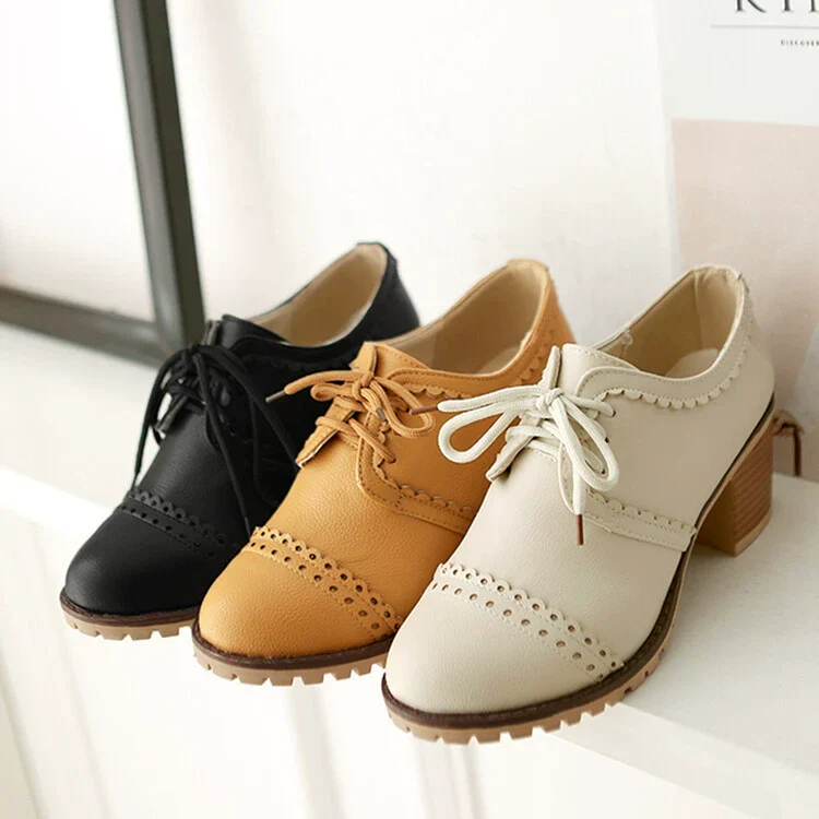 Women's Brogue Shoes – Leather Look – Lace-up Closure – Block Heel – Perforated Design - Image 4
