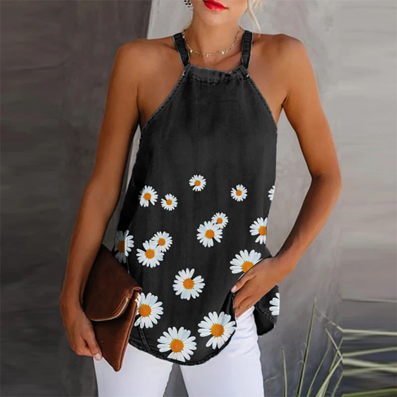 Women's Cami Top – Denim Look – Relaxed Fit – Spaghetti Straps – Daisy Print - Image 2