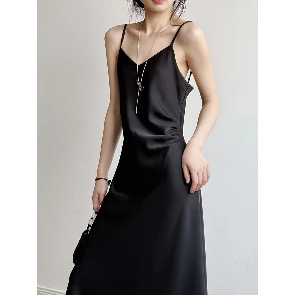 Women's Camisole Dress – Satin Look – A-line Fit – Spaghetti Straps – Maxi Length - Image 2