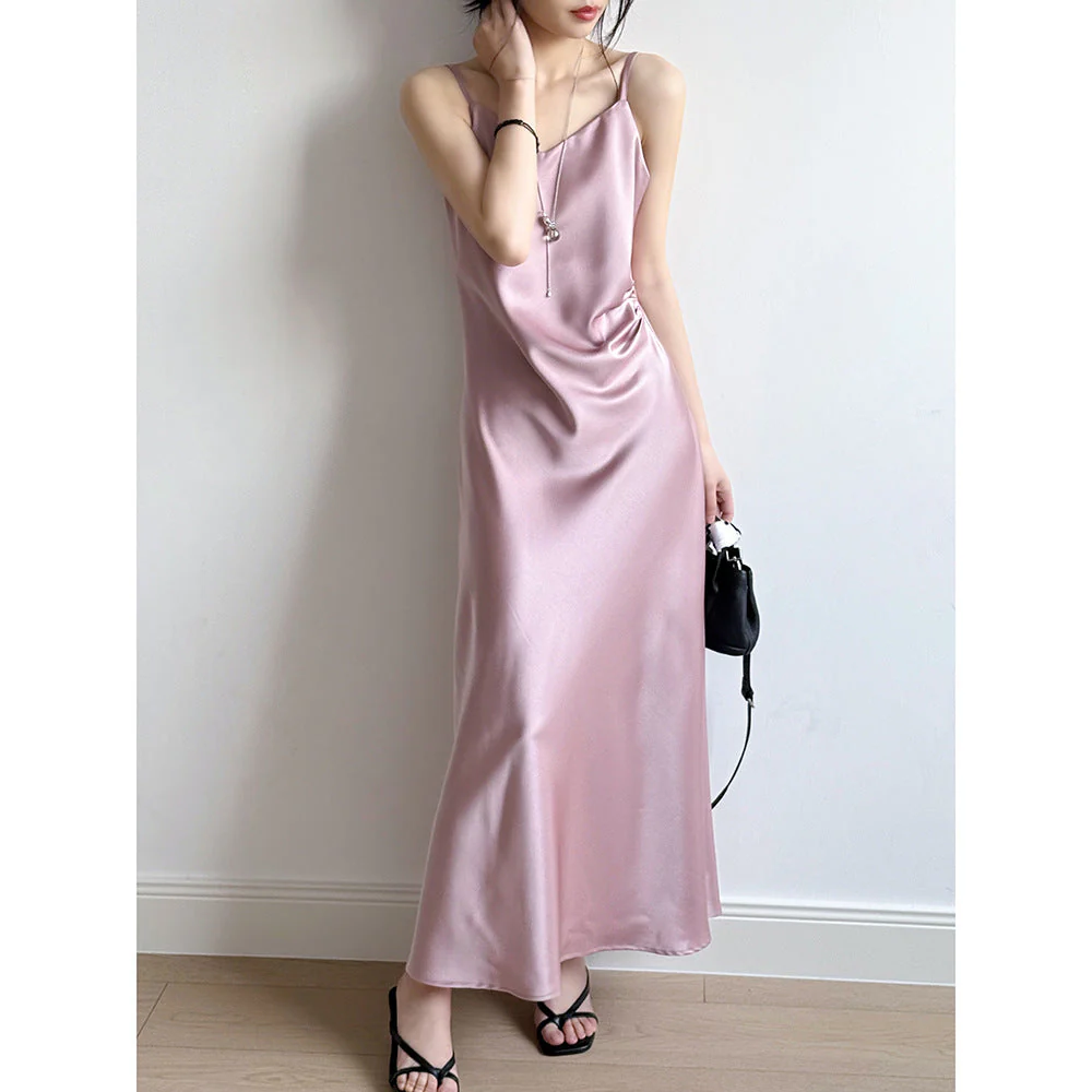 Women's Camisole Dress – Satin Look – A-line Fit – Spaghetti Straps – Maxi Length - Image 3