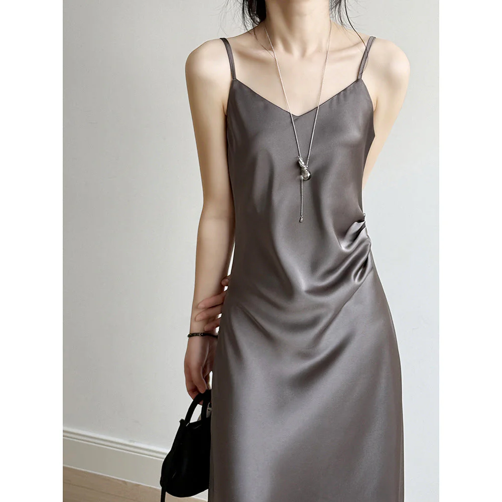 Women's Camisole Dress – Satin Look – A-line Fit – Spaghetti Straps – Maxi Length - Image 4